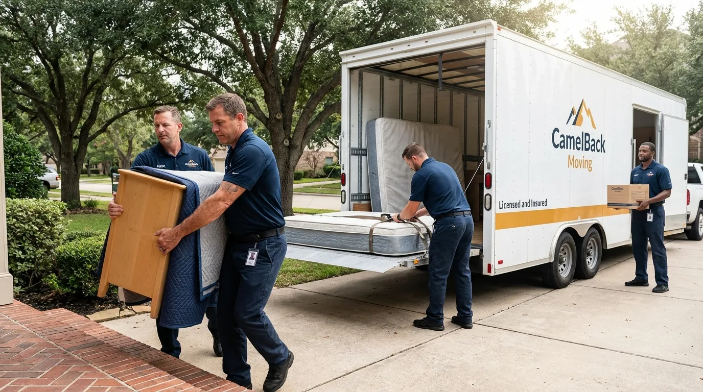 Crew loading residential truck for cross-state move from Enid, OK