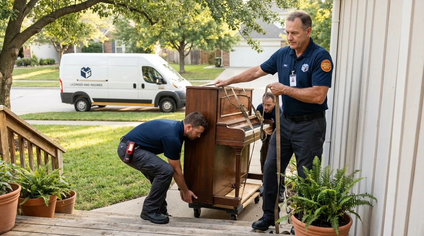 Licensed piano movers securing grand piano in Enid, OK