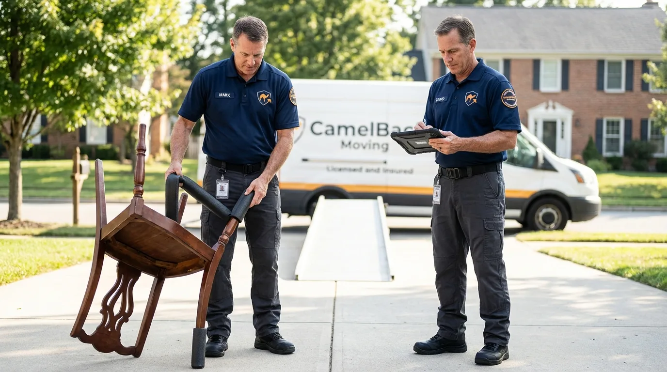 Movers inspecting furniture for damage prevention before loading in Enid, OK