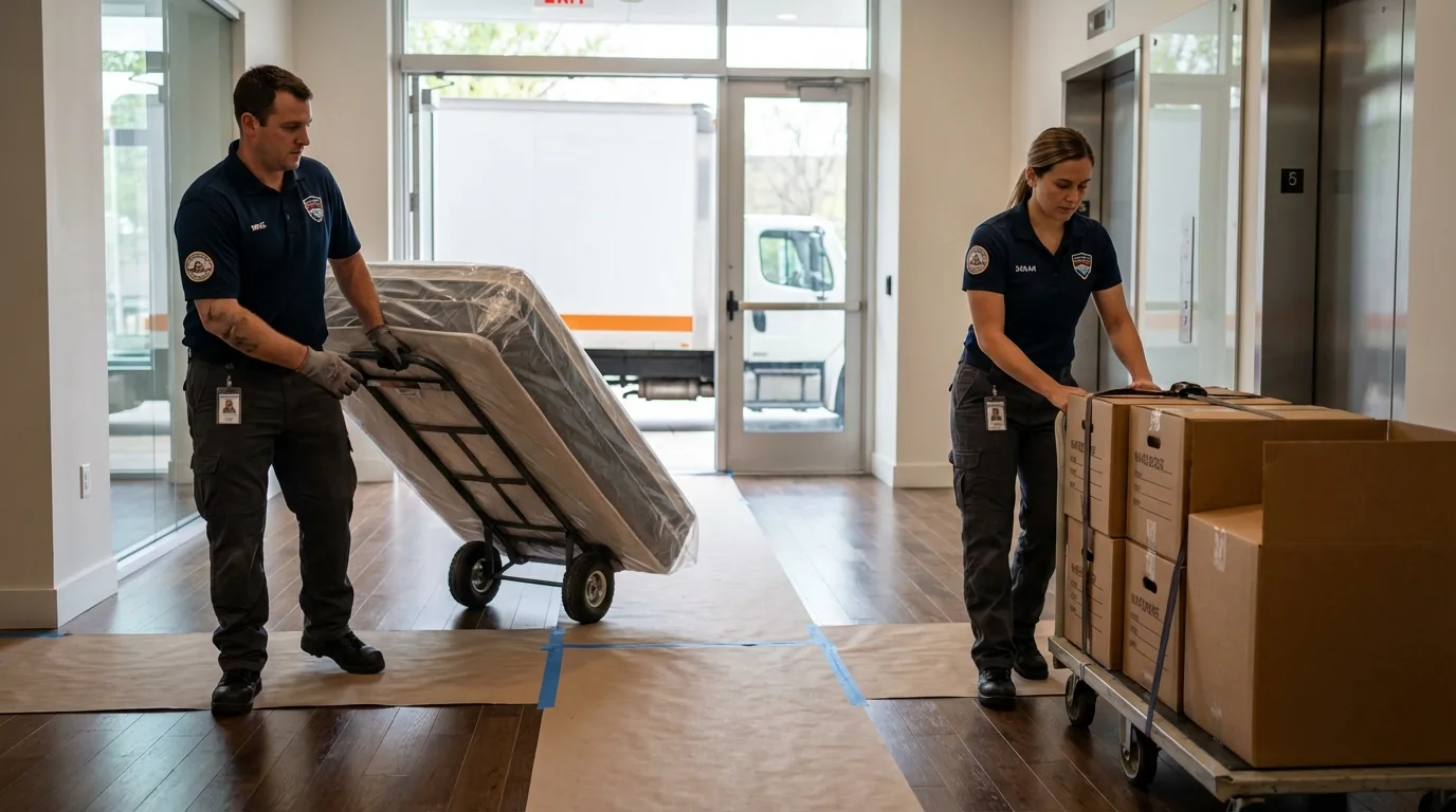 Professional apartment movers loading elevator in Enid, OK