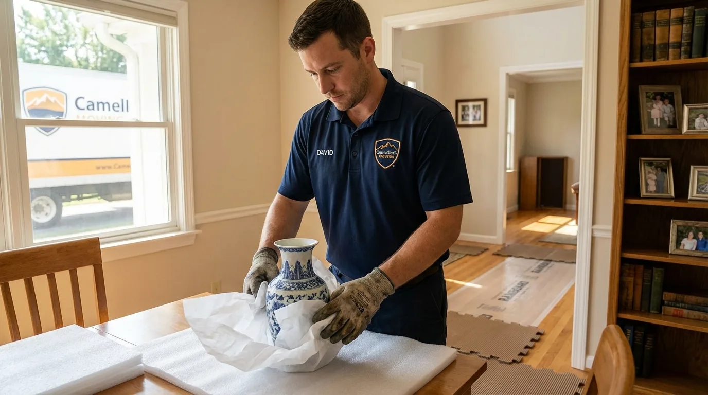 Professional crew carefully wrapping antique vase for senior downsizing move in Enid, OK